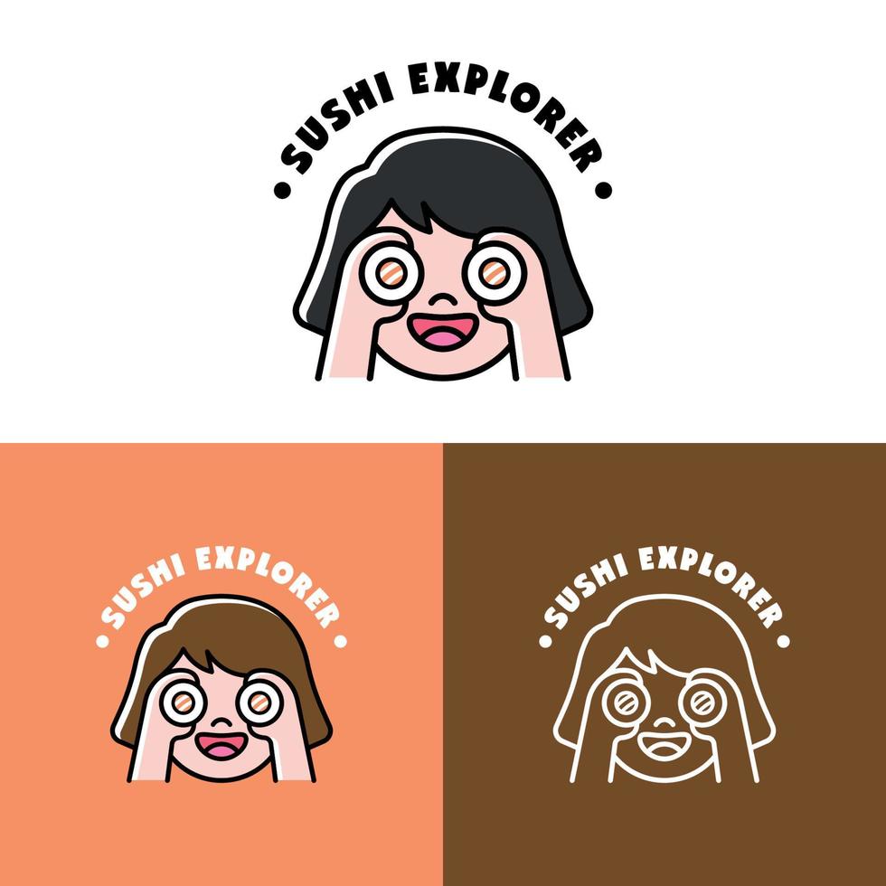 conjunto de logotipo de menina explorador de sushi engraçado vetor