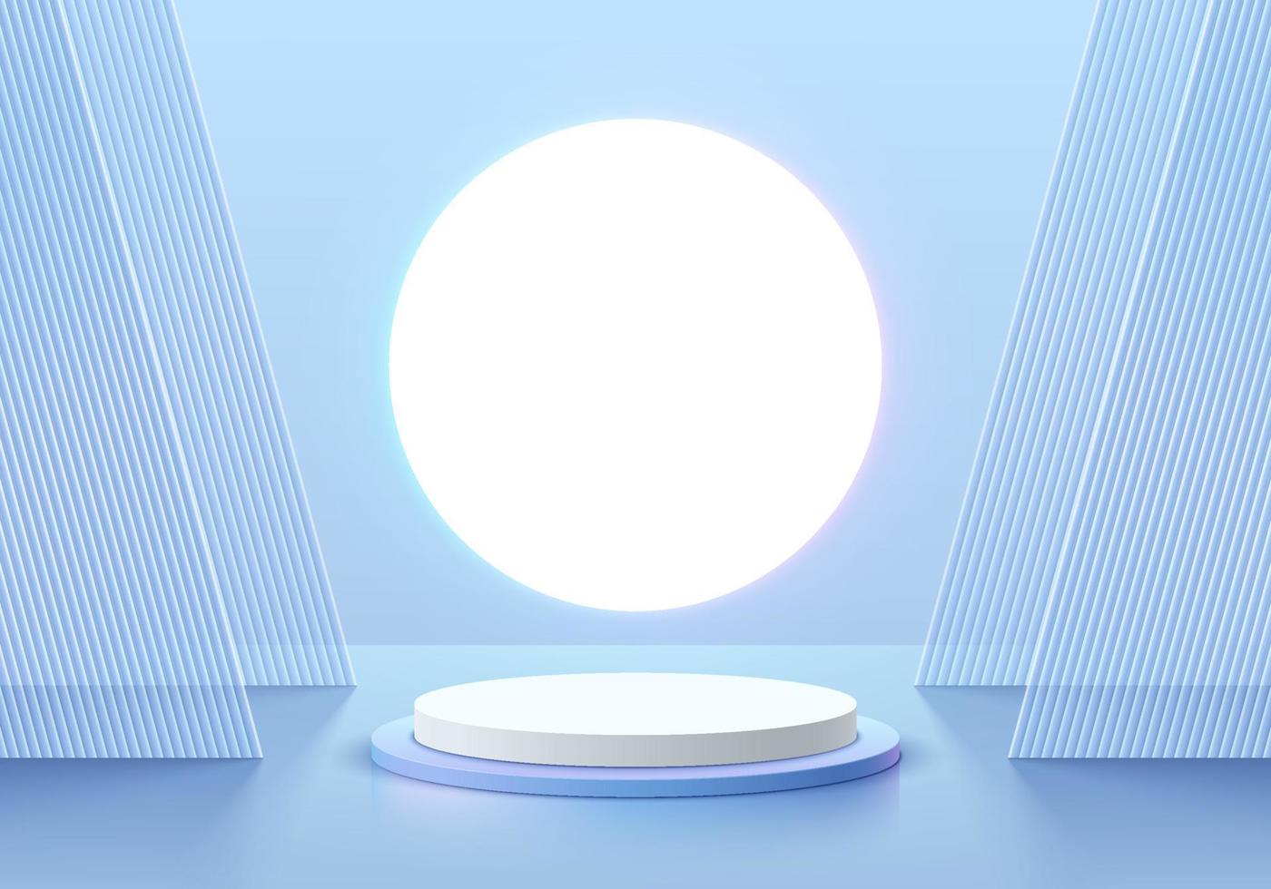 fundo 3d futurista com pódio de pedestal de cilindro azul realista, iluminar neon de círculo e cena de partição. exibição de produto de maquete de cena de parede mínima. formas geométricas vetoriais. palco para vitrine vetor