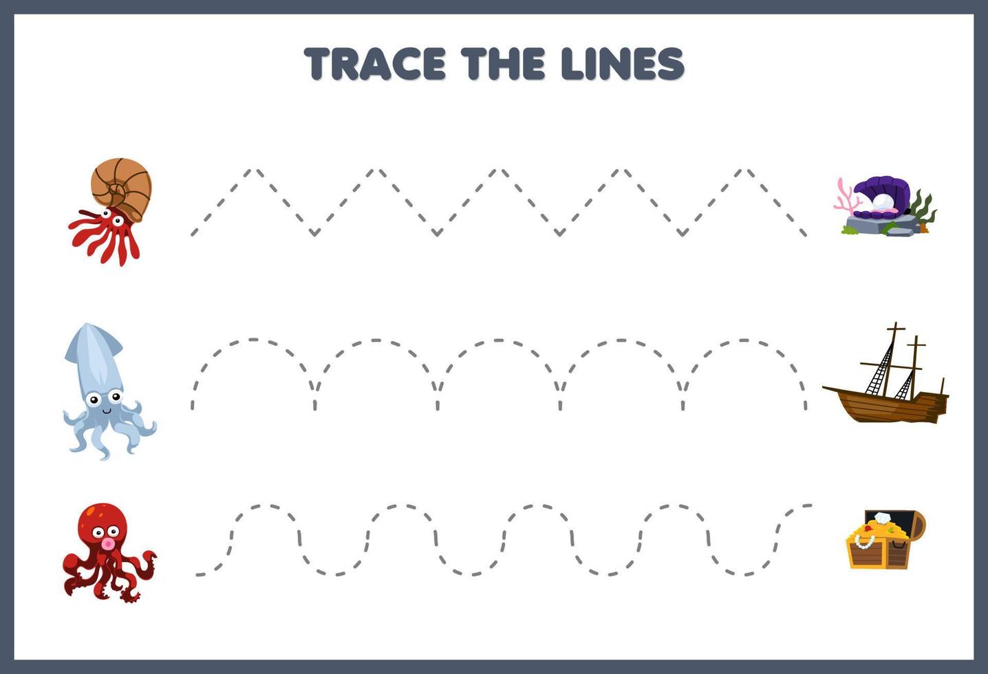 jogo de educação para prática de caligrafia infantil trace as linhas com animal de tentáculo de desenho animado fofo mova-se para o baú do tesouro de coral e planilha subaquática de navio naufragado vetor