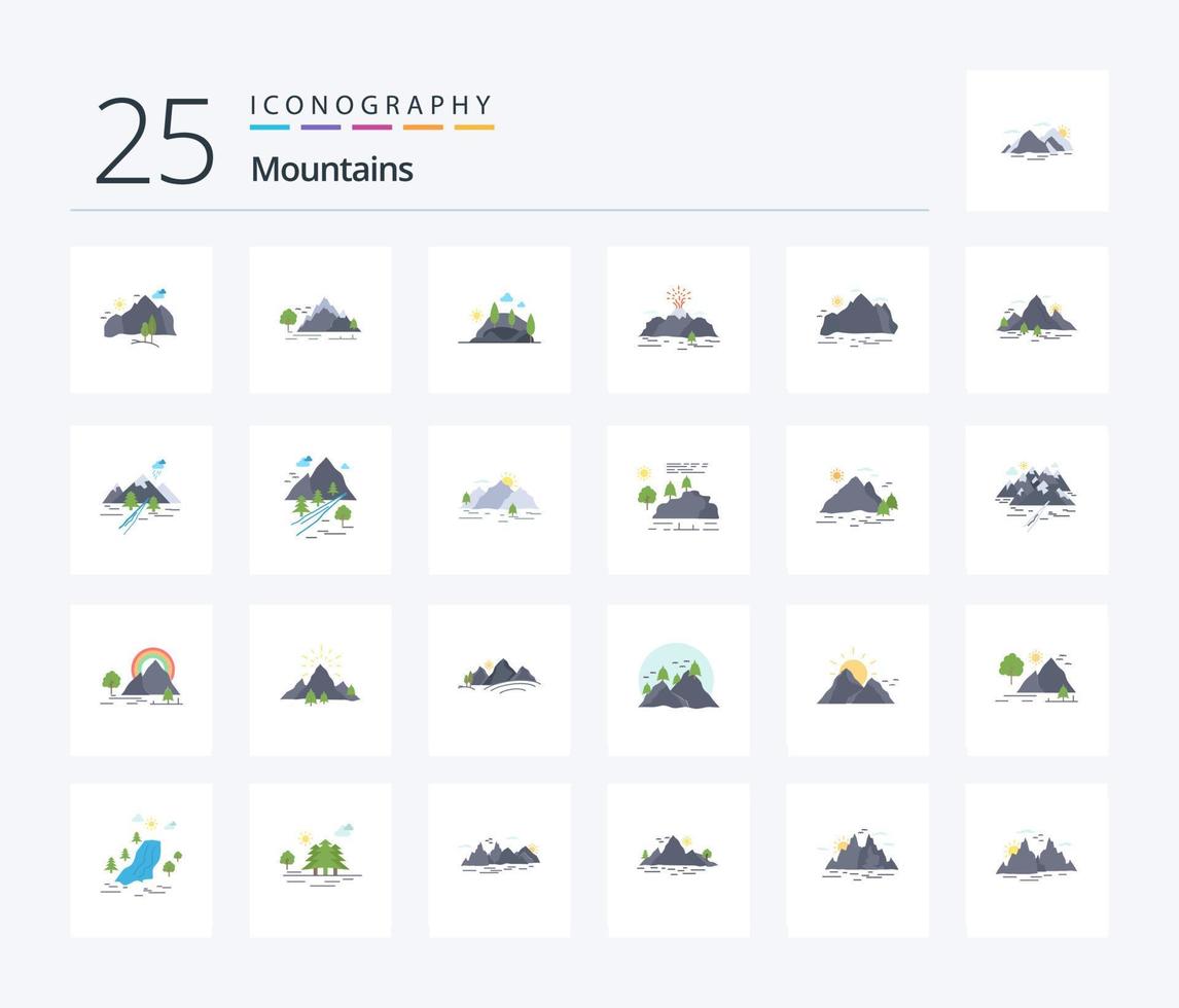 Pacote de ícones de 25 cores planas de montanhas, incluindo colina. explosão. natureza. montanha. colina vetor