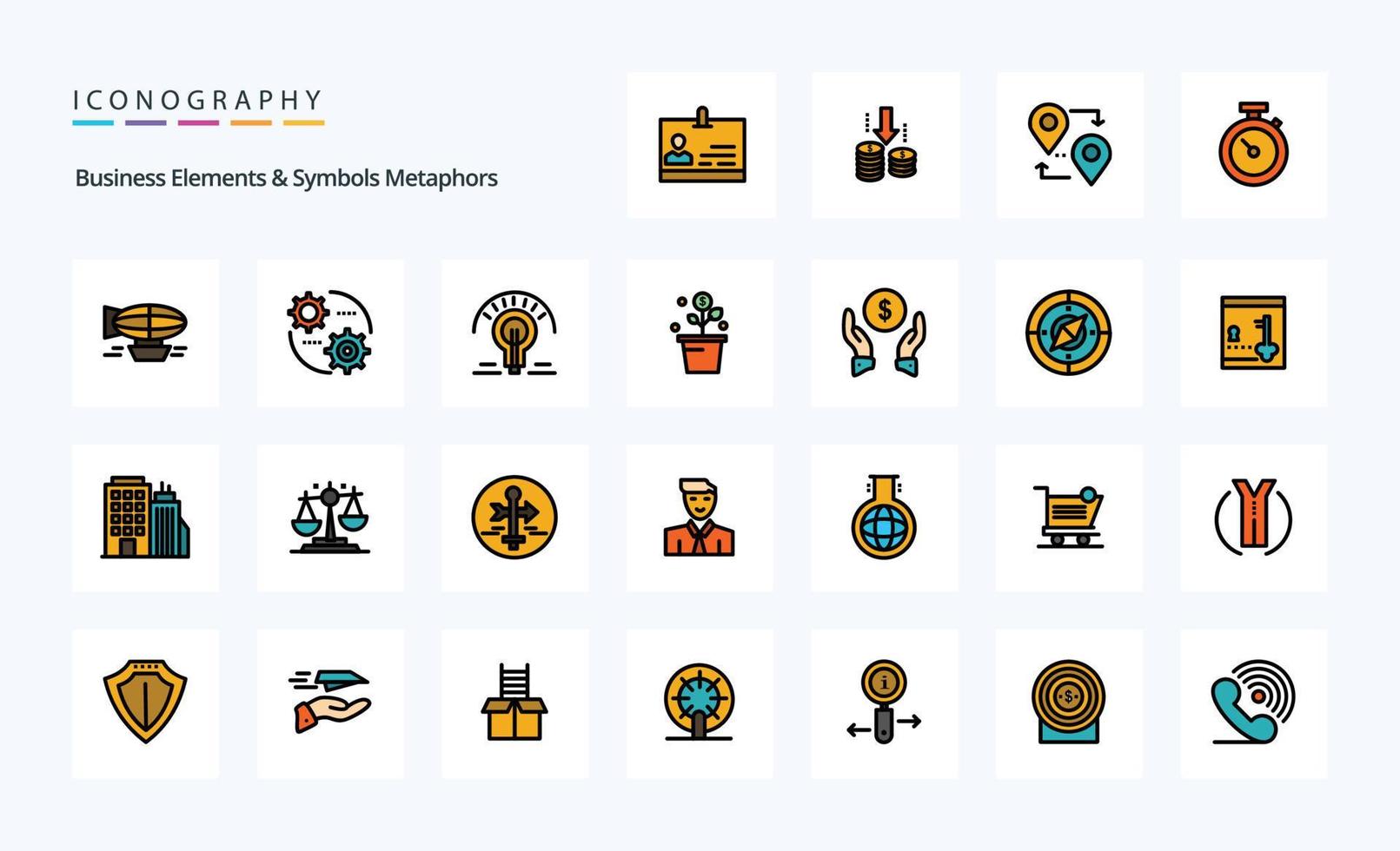 25 elementos de negócios e símbolos metáfora linha cheia pacote de ícones de estilo vetor