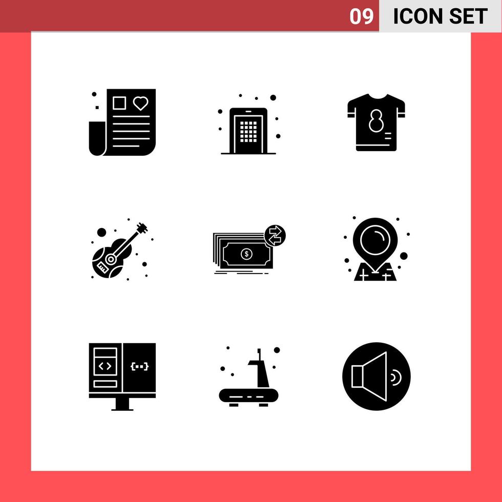 grupo de 9 sinais e símbolos de glifos sólidos para instrumento musical código PIN camisa de guitarra elementos de design de vetores editáveis