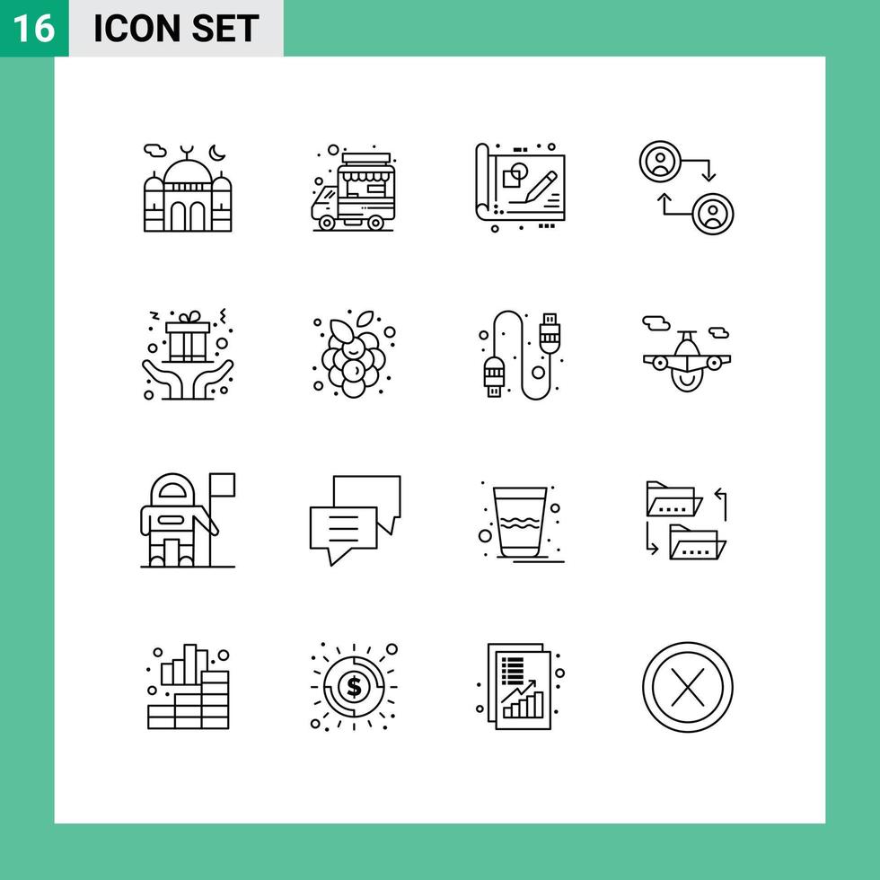 grupo de símbolos de ícone universal de 16 contornos modernos de mãos mudam conta de barraca de comida desenhando elementos de design de vetores editáveis