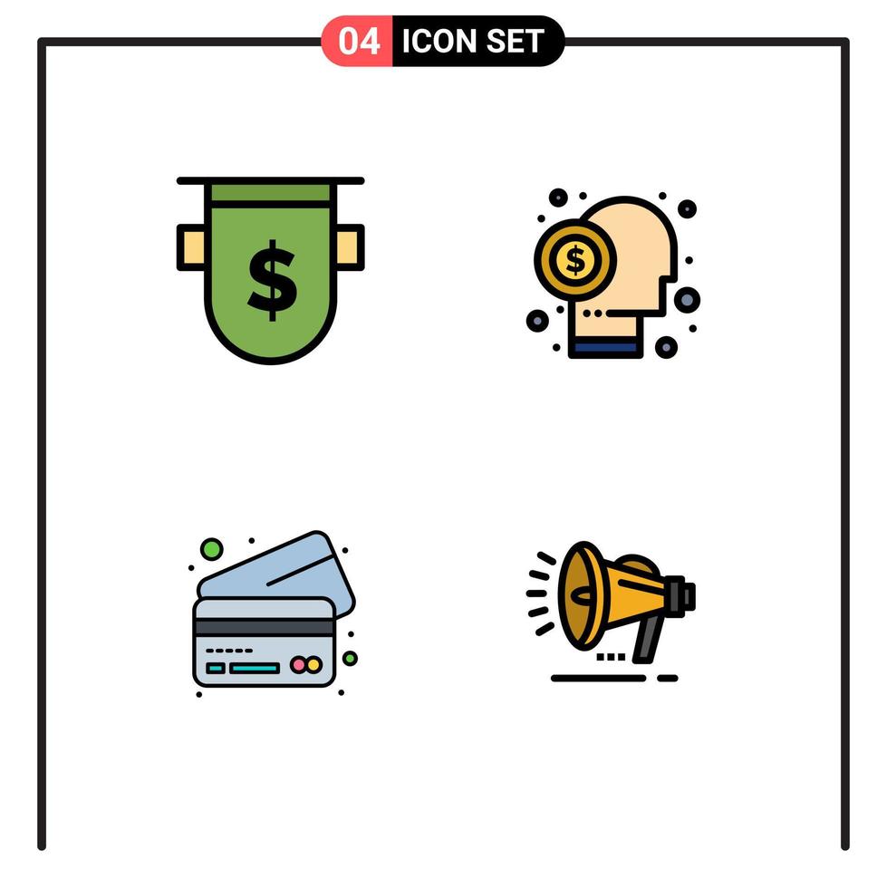 4 símbolos de sinais de cores planas de linha preenchida universal de crachás acionistas acionistas dólares cartões capitalistas elementos de design vetorial editáveis vetor