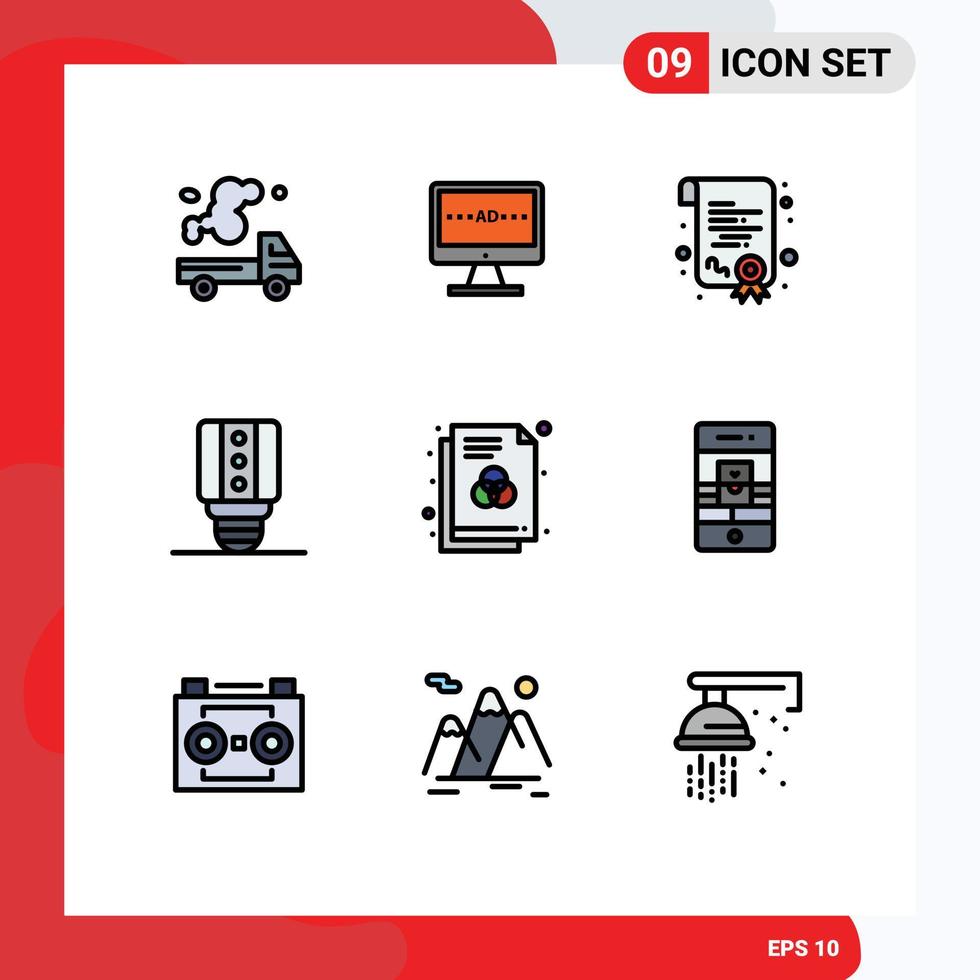 9 interface do usuário pacote de cores planas de linha cheia de sinais e símbolos modernos de elementos de design de vetores editáveis de diploma de tela de luz de formato