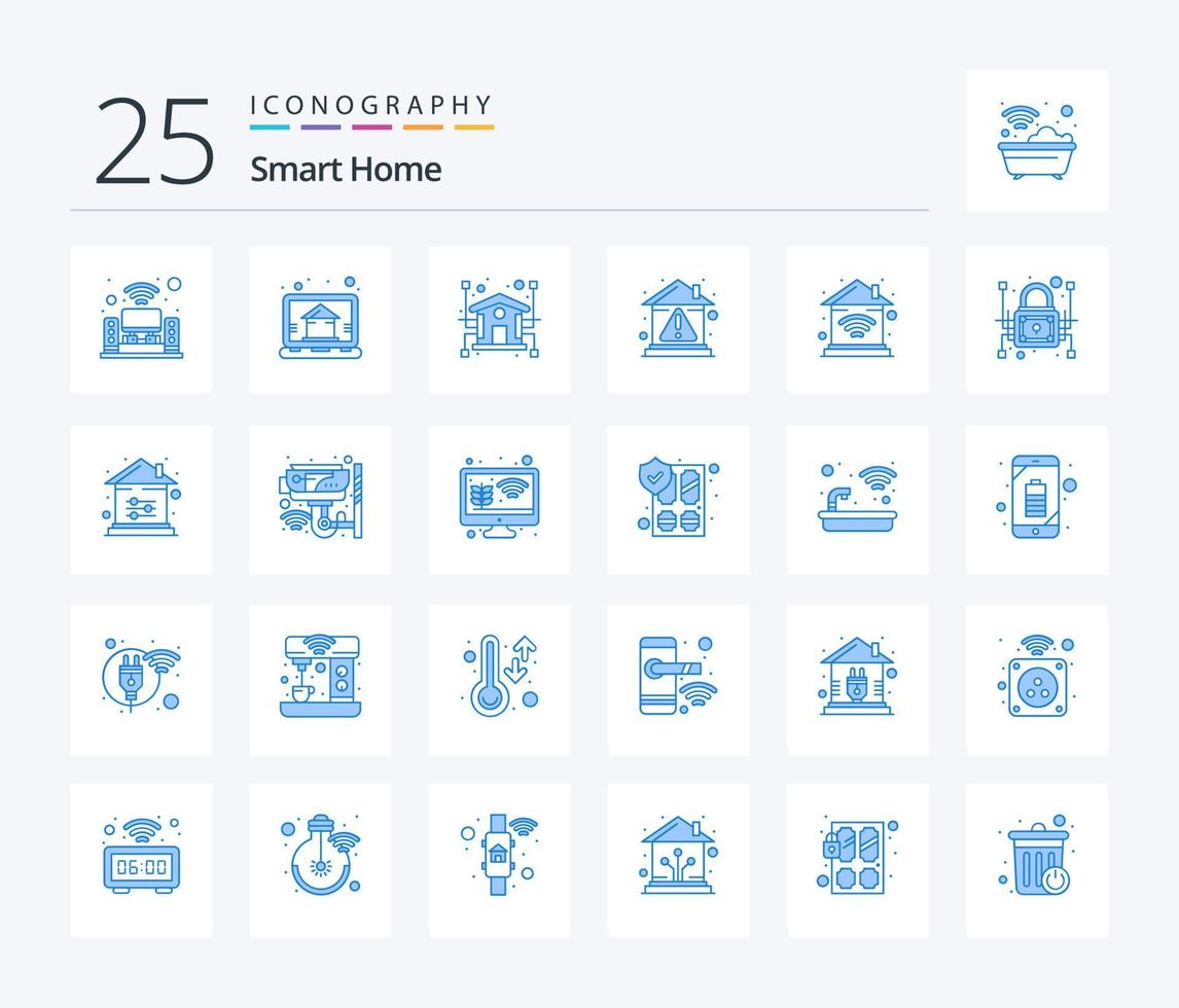 pacote de ícones de 25 cores azuis para casa inteligente, incluindo casa. casa. automação. erro. alerta vetor