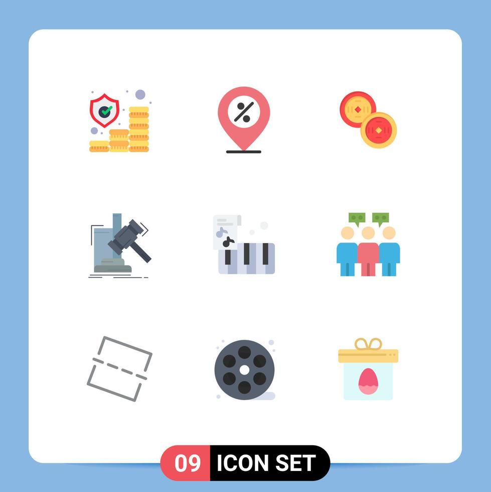 conceito de 9 cores planas para sites móveis e aplicativos acordeão julgamento localização martelo leilão elementos de design vetorial editáveis vetor
