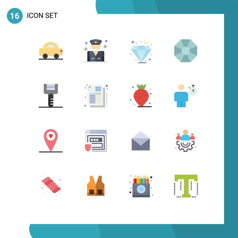 pacote de 16 sinais e símbolos modernos de cores planas para mídia impressa na web, como ferramentas, utensílios de cozinha, diamante, comida, joia, pacote editável de elementos de design vetorial criativo vetor