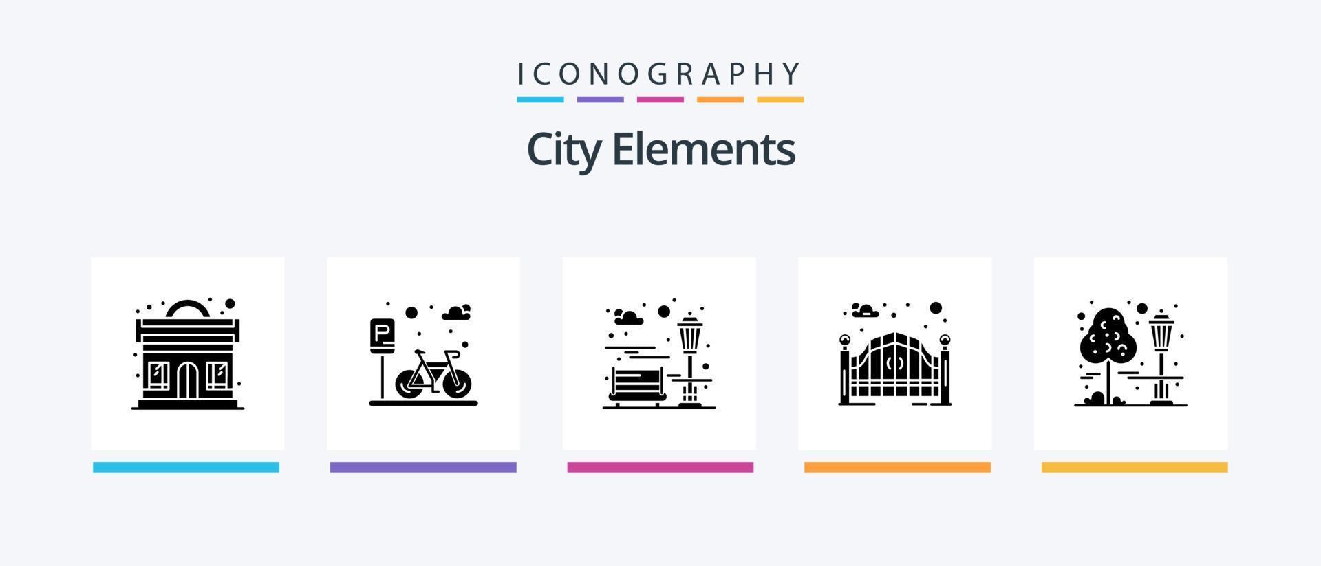 pacote de ícones de glifo 5 de elementos da cidade, incluindo cidade. portão da rua. banco. Entrada. jardim. design de ícones criativos vetor