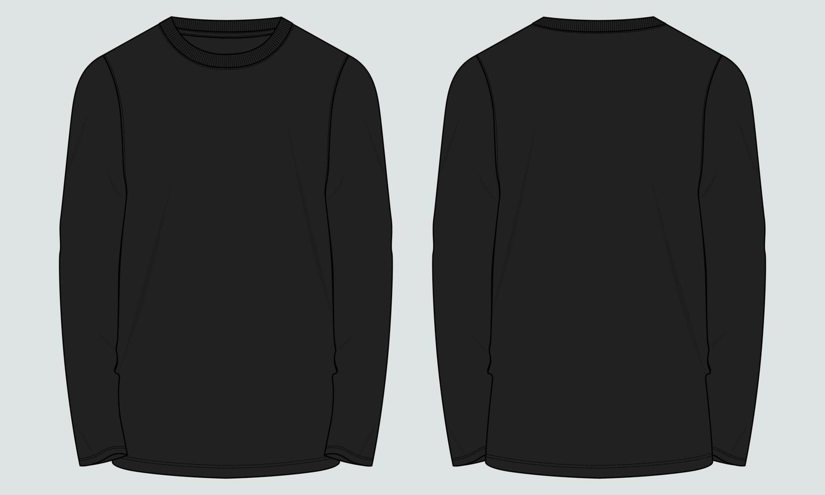 t-shirt de manga comprida slim fit desenho técnico moda esboço plano ilustração vetorial vista frontal e traseira. vetor