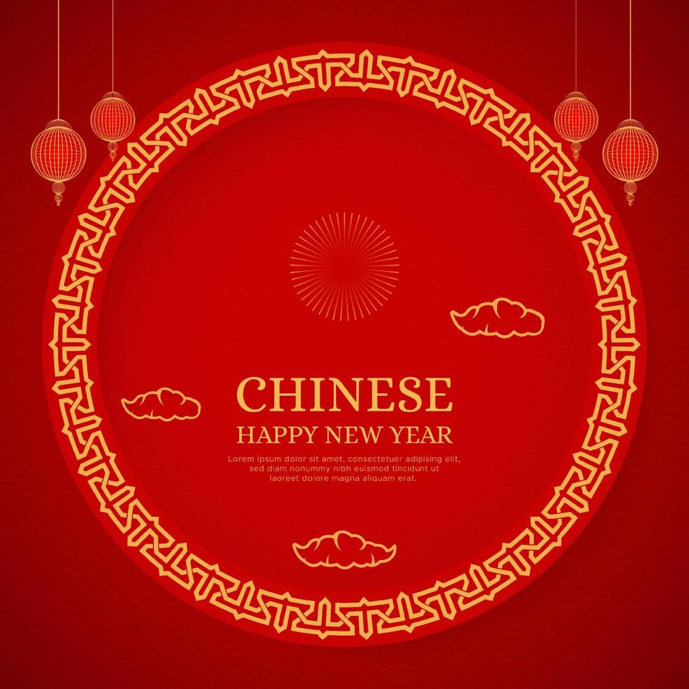 design de fundo vermelho feliz ano novo chinês com lanternas chinesas e borda de padrão chinês vetor