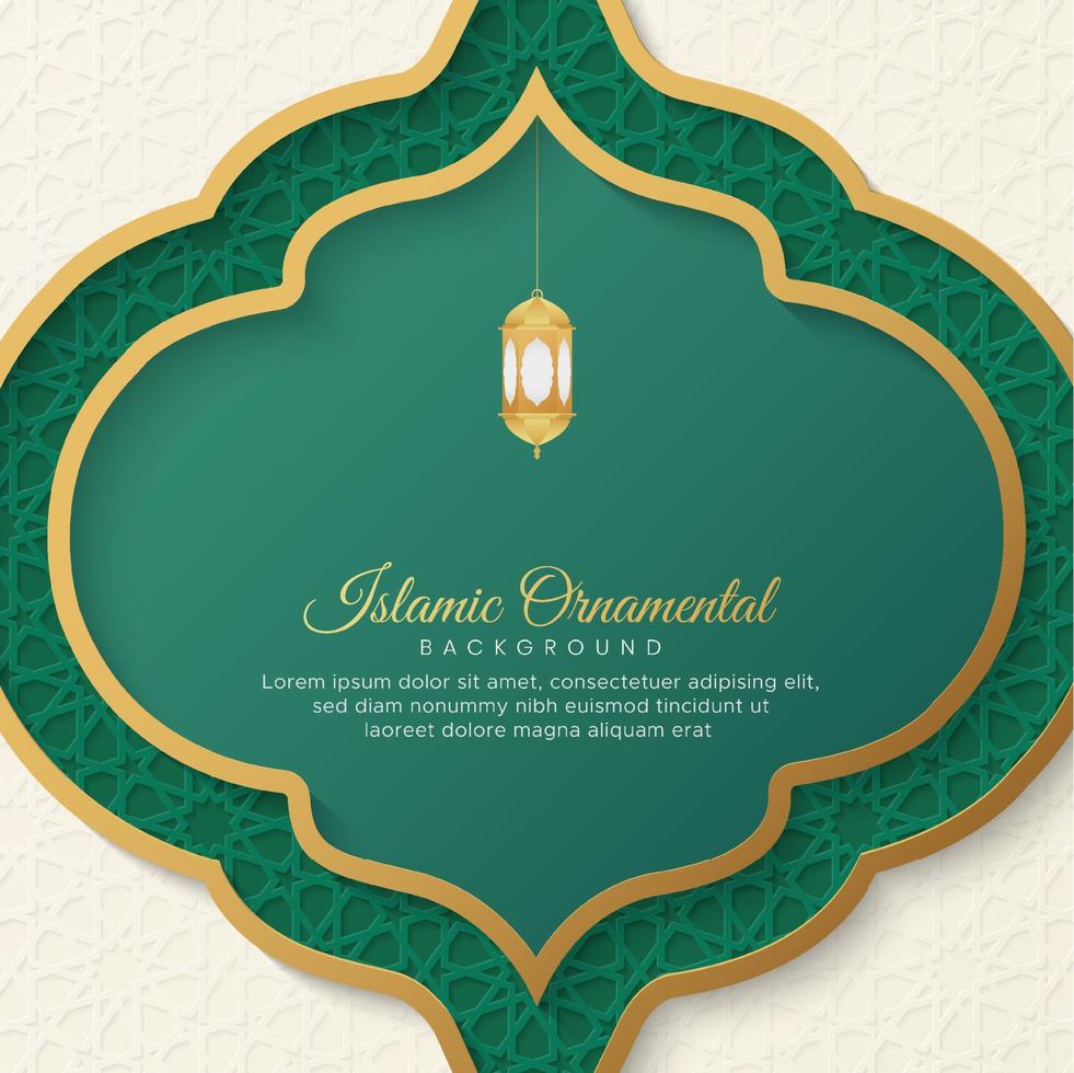 fundo árabe islâmico verde e branco com padrão geométrico e belo ornamento com lanternas vetor