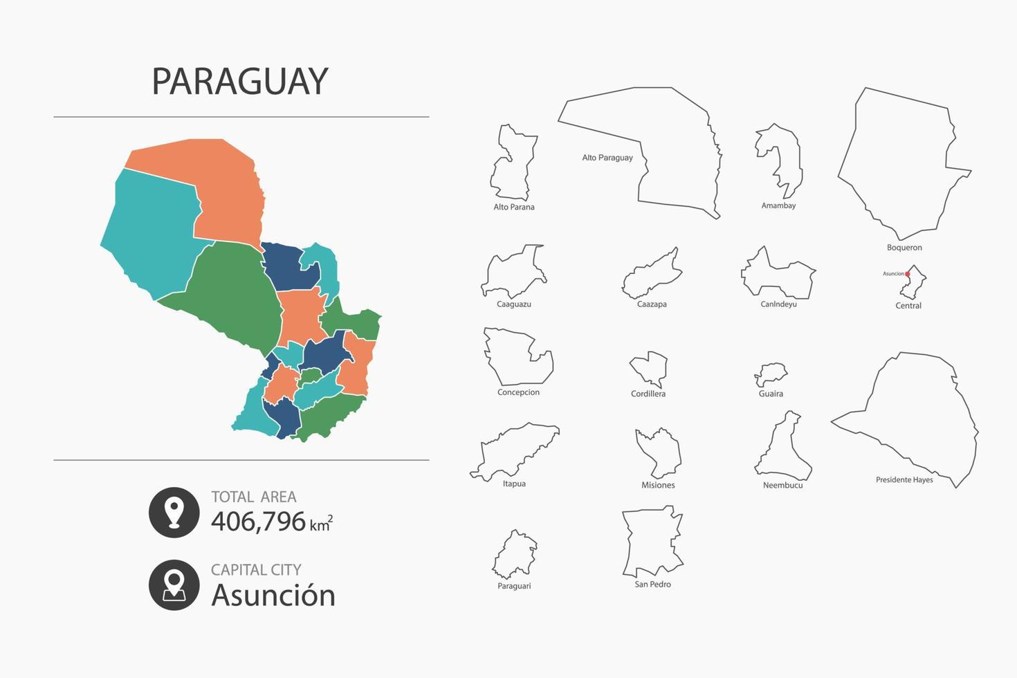 mapa do paraguai com mapa detalhado do país. elementos do mapa das cidades, áreas totais e capital. vetor