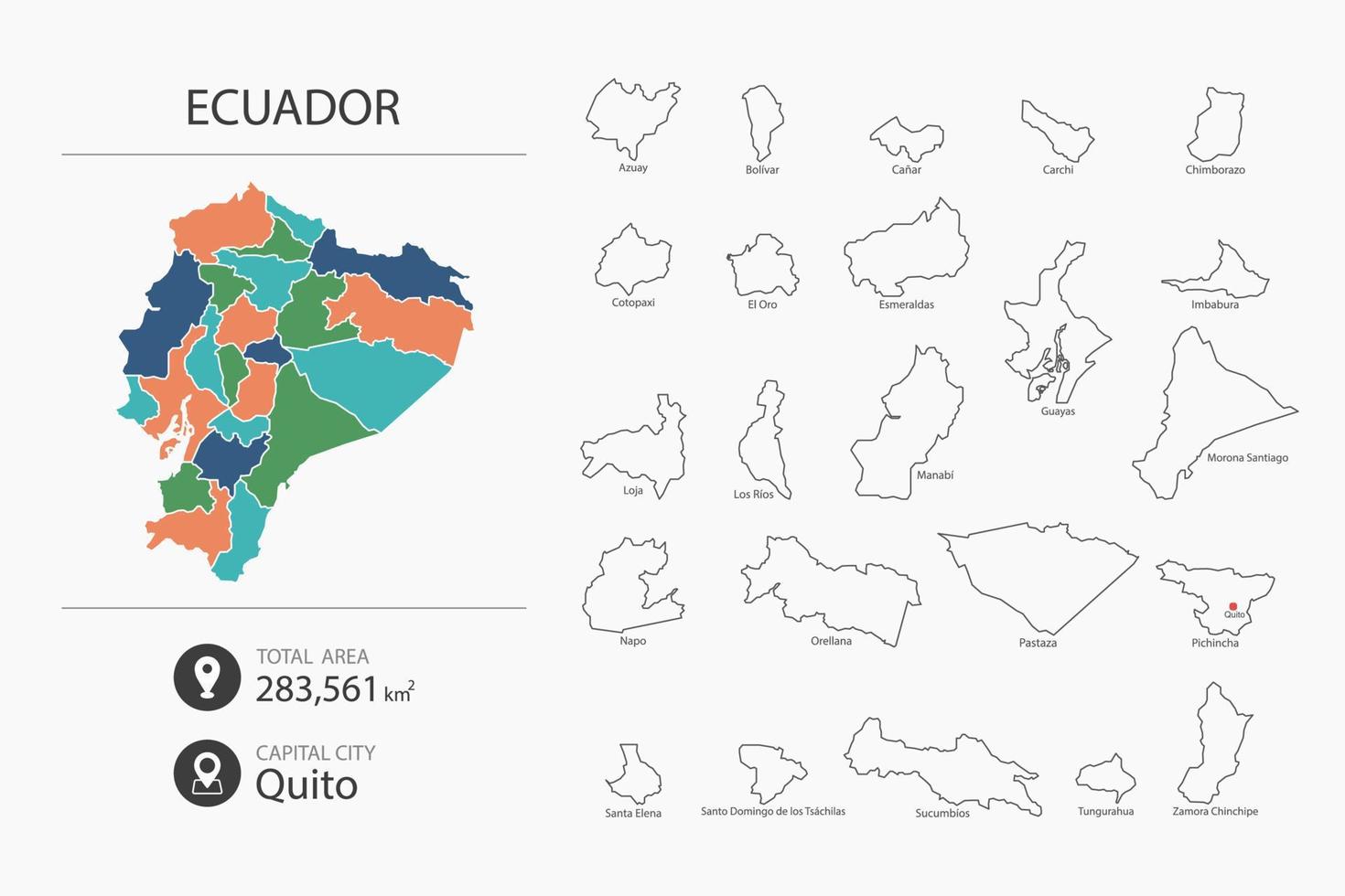 mapa do equador com mapa detalhado do país. elementos do mapa das cidades, áreas totais e capitais. vetor