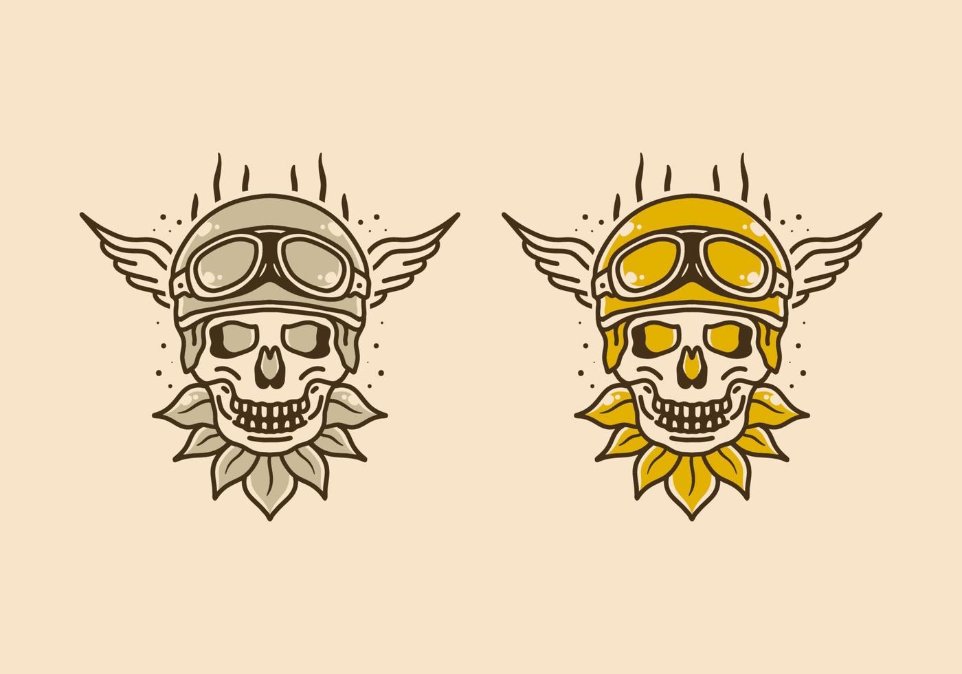 design de ilustração vintage de caveira usando um capacete e óculos com asas nas laterais vetor