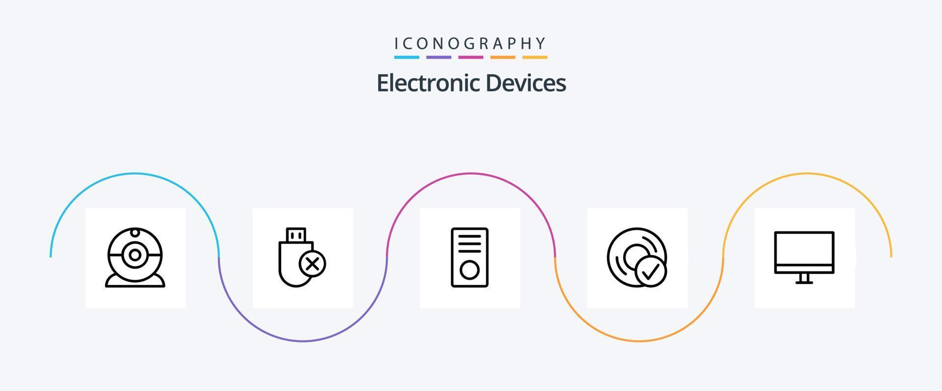 Dispositivos linha 5 pacote de ícones incluindo gadget. dispositivos. computadores. conectado. hardware vetor