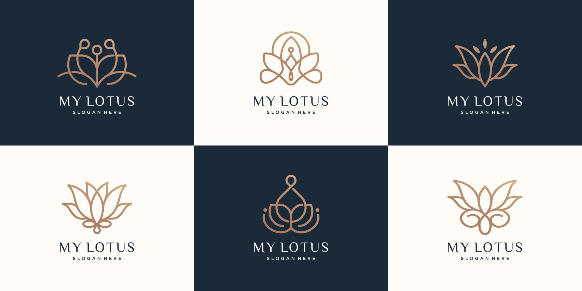 conjunto de logotipo de lótus de luxo. linha arte estilo abstrato logotipo lótus, floral, flor, natureza. vetor premium