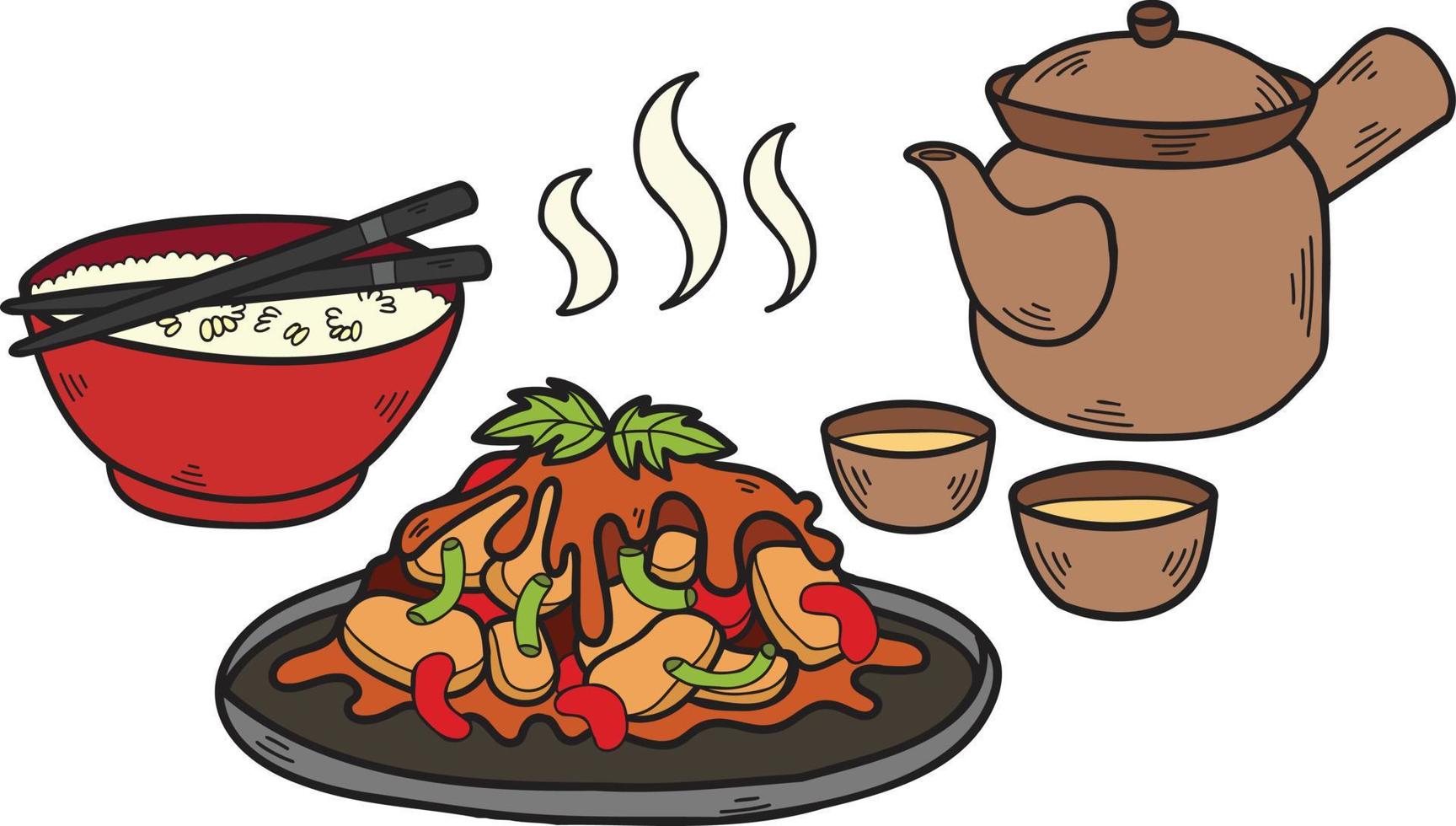 refeição desenhada à mão com ilustração de comida chinesa e japonesa de chá vetor