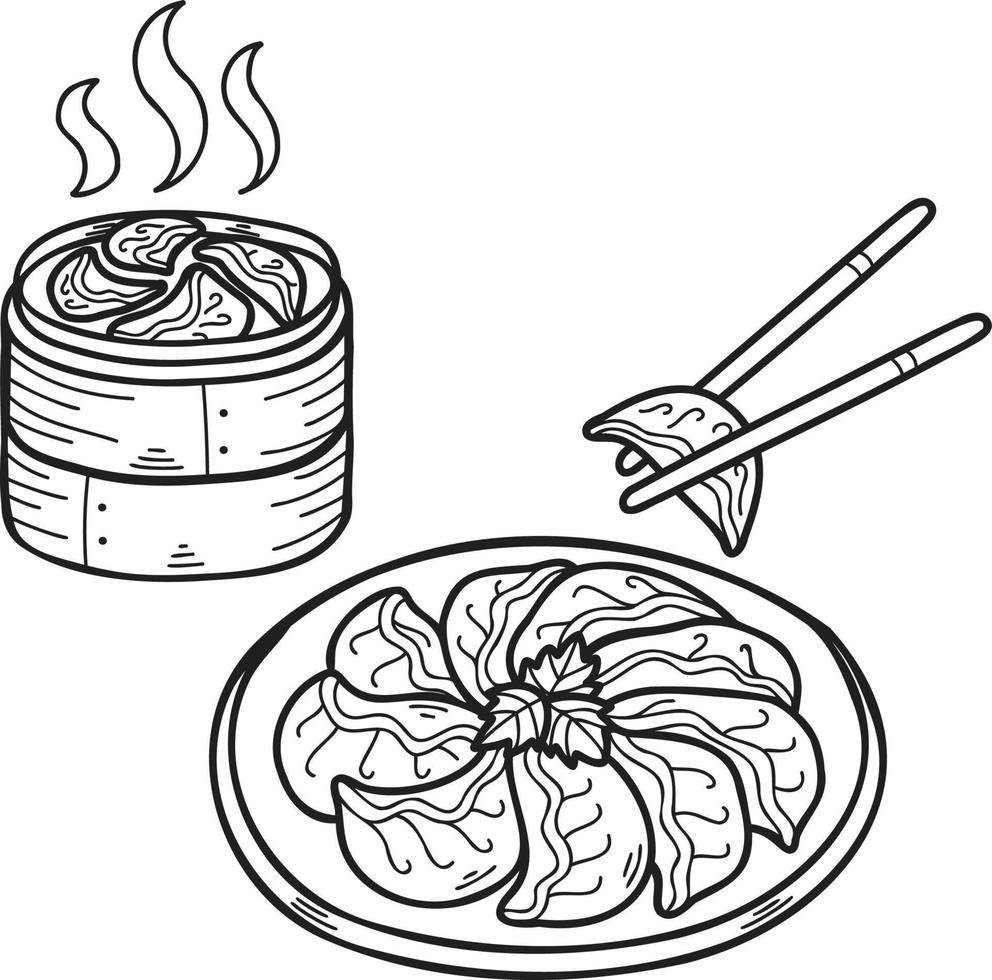 gyoza desenhado à mão ou bolinhos com ilustração de comida chinesa e japonesa de bandeja de bambu vetor