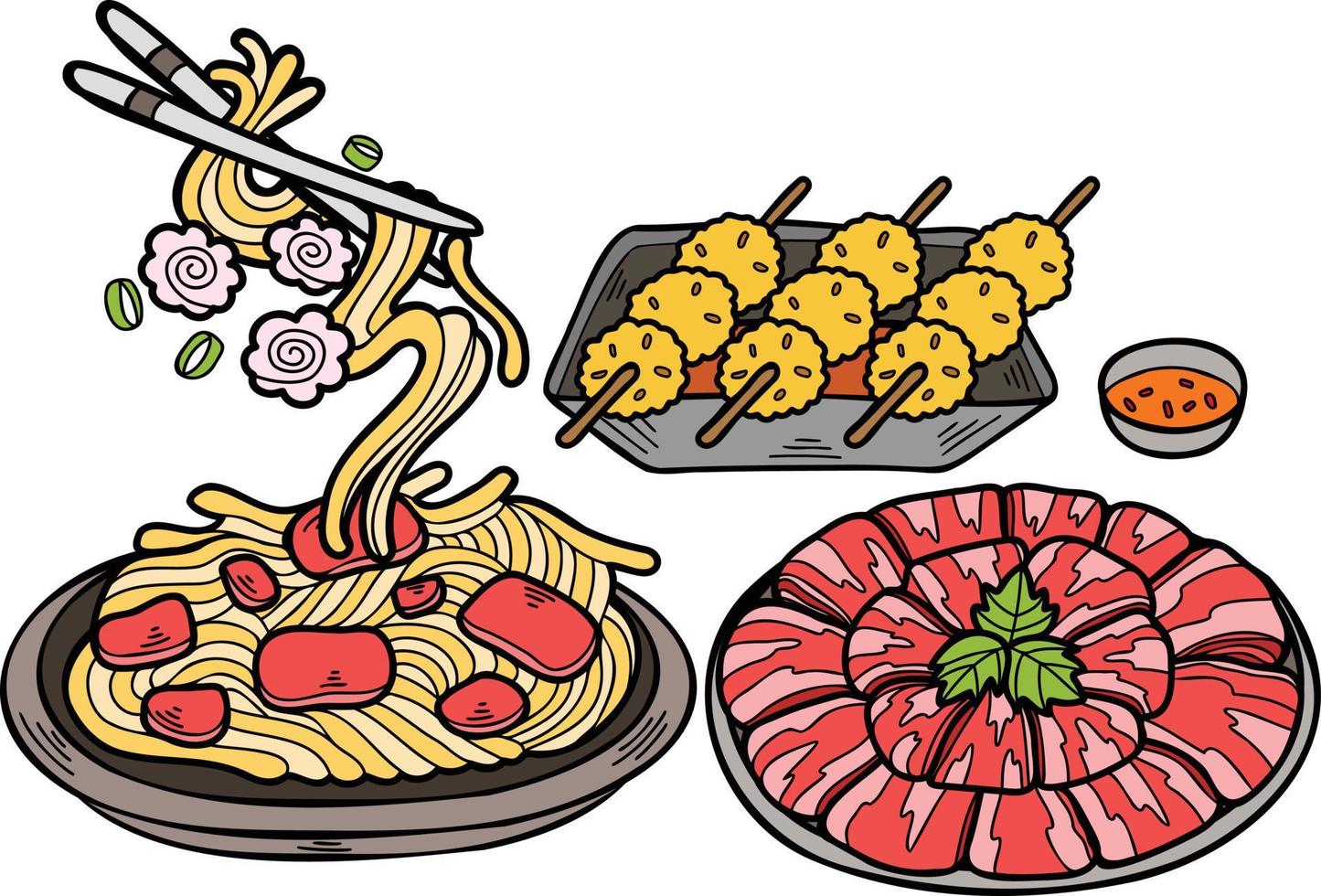 macarrão desenhado à mão e almôndegas ilustração de comida chinesa e japonesa vetor