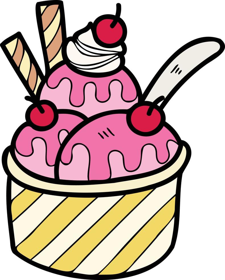 sorvete com sabor de morango desenhado à mão com ilustração de xícaras vetor
