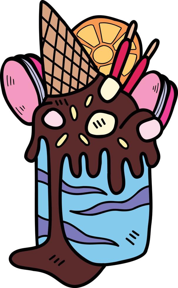 sorvete de chocolate desenhado à mão derretido com ilustração de cone vetor