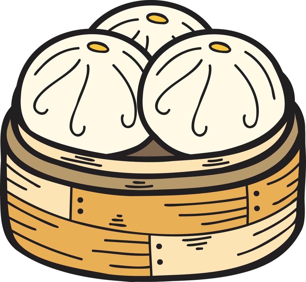 pão cozido no vapor desenhado à mão com bandeja de bambu ilustração de comida chinesa e japonesa vetor