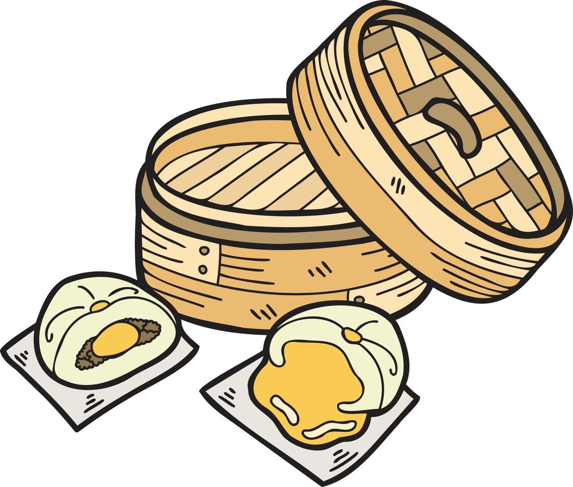 pão cozido no vapor desenhado à mão com bandeja de bambu ilustração de comida chinesa e japonesa vetor