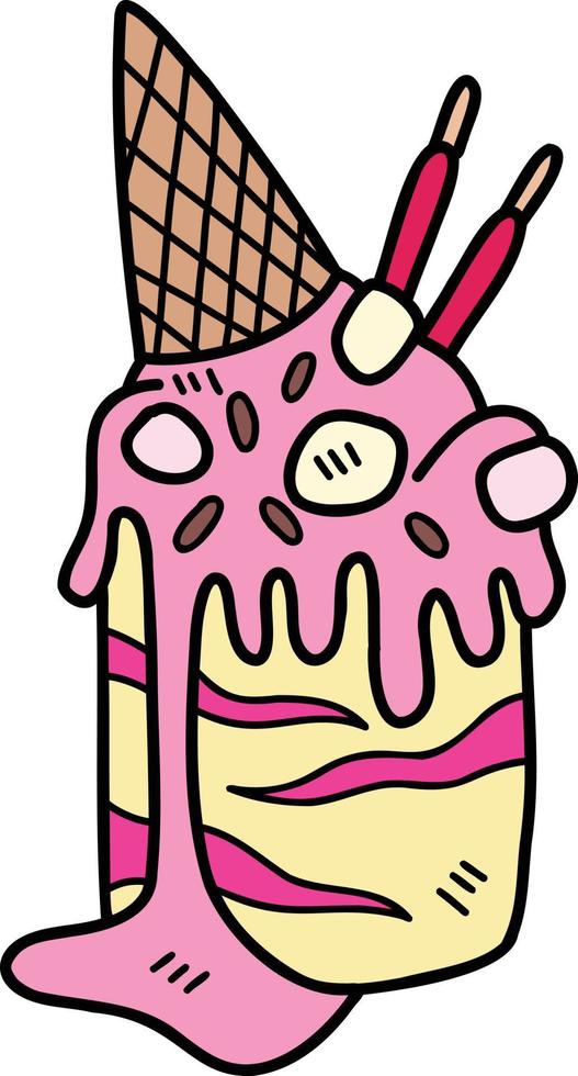 sorvete de morango desenhado à mão derretido com ilustração de cone vetor