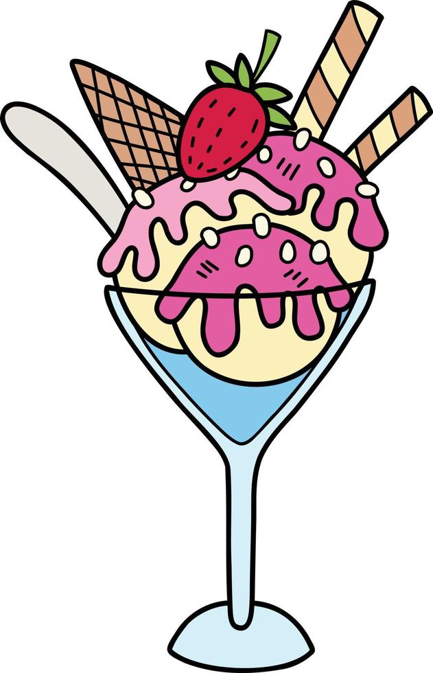 sorvete de morango desenhado à mão com ilustração de xícara vetor
