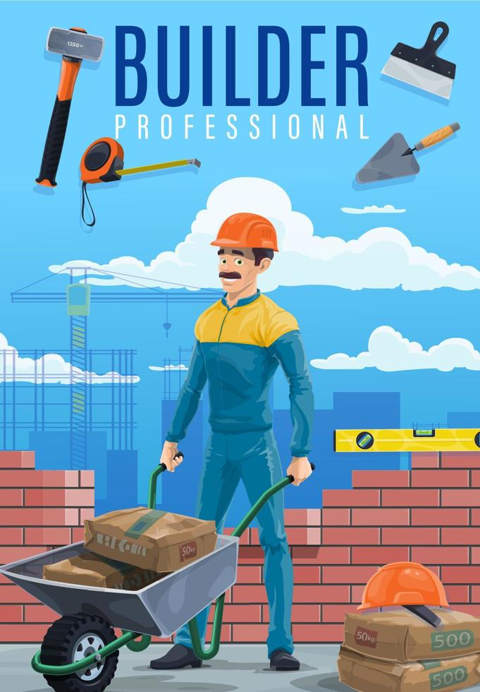 construtor ou trabalhador da construção civil com ferramentas de trabalho vetor