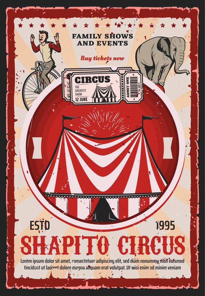 elefante de circo e acrobata com tenda de carnaval vetor