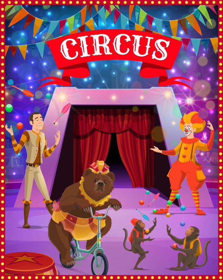 arena de tenda de circo, palhaço, malabarista, urso, macacos vetor