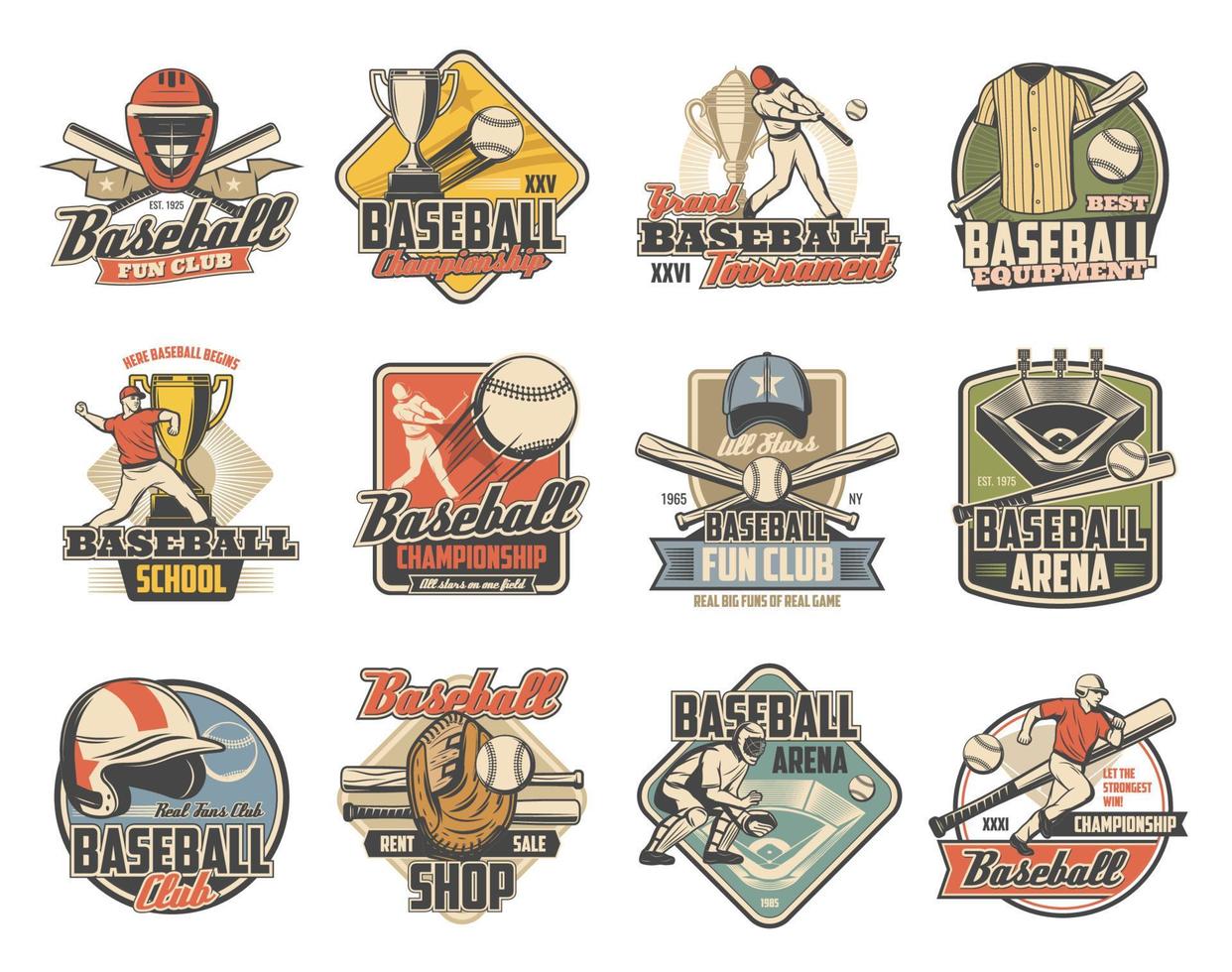bola de beisebol, morcego, jogador e troféu, ícones do esporte vetor