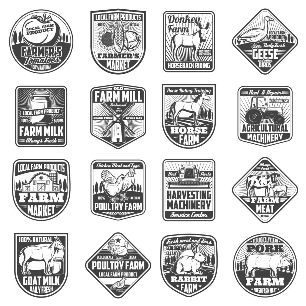 ícones de agricultura agrícola, fazenda de gado e aves vetor