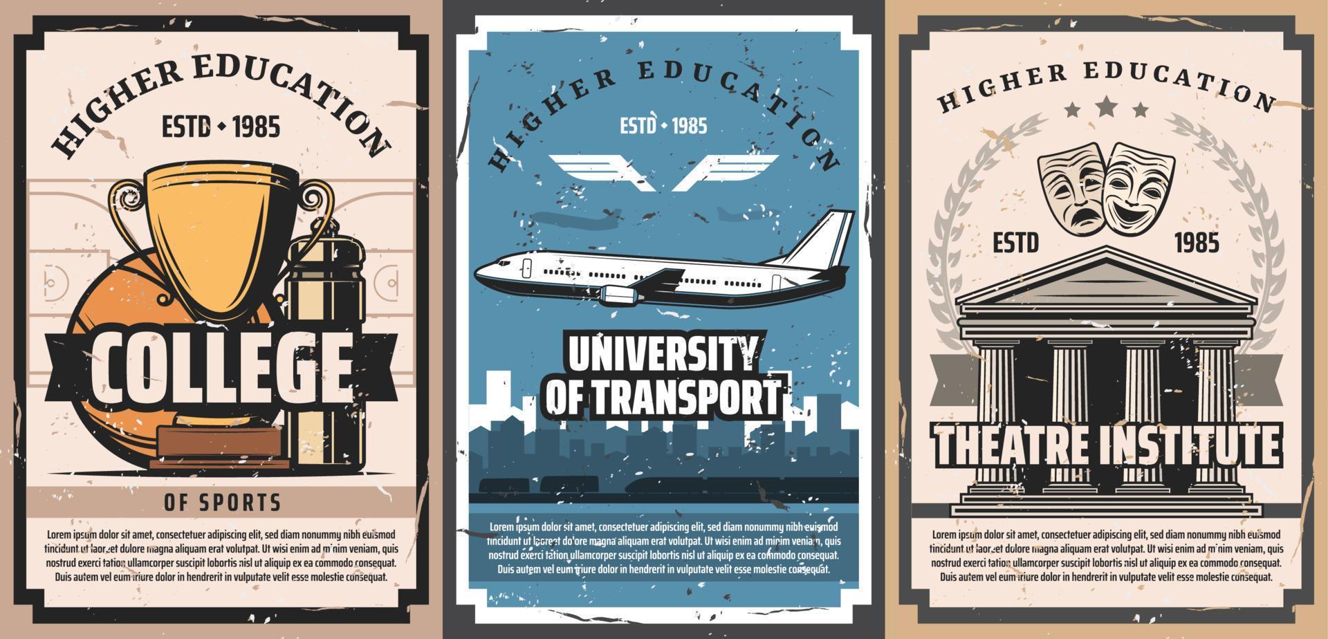 prédio da universidade, troféu esportivo, cartazes de avião vetor