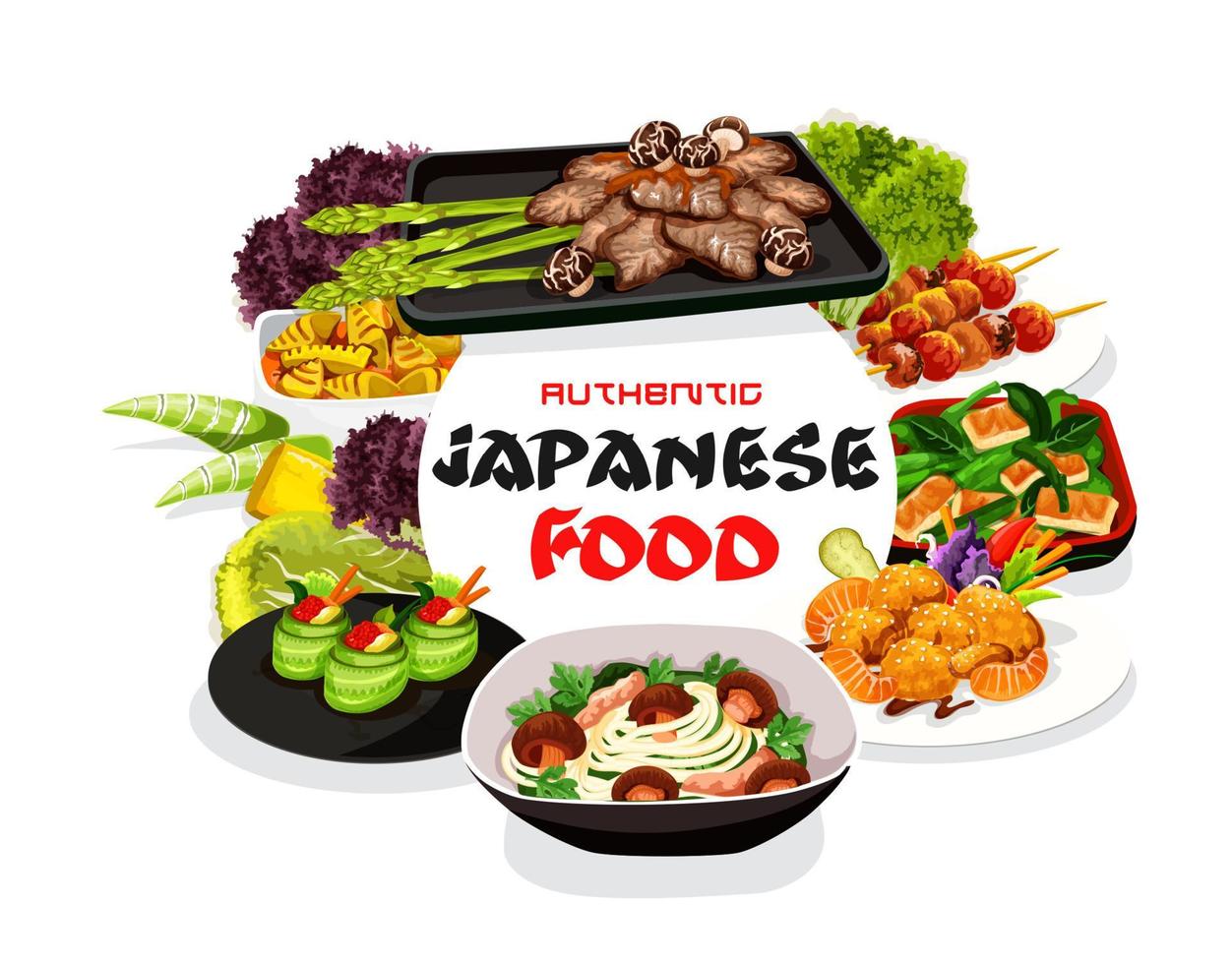 menu de frutos do mar, pãezinhos e macarrão de comida japonesa vetor