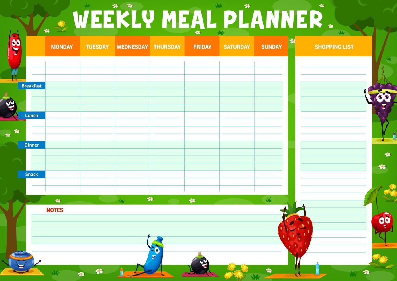 planejador de refeição semanal com bagas de desenho animado na ioga vetor