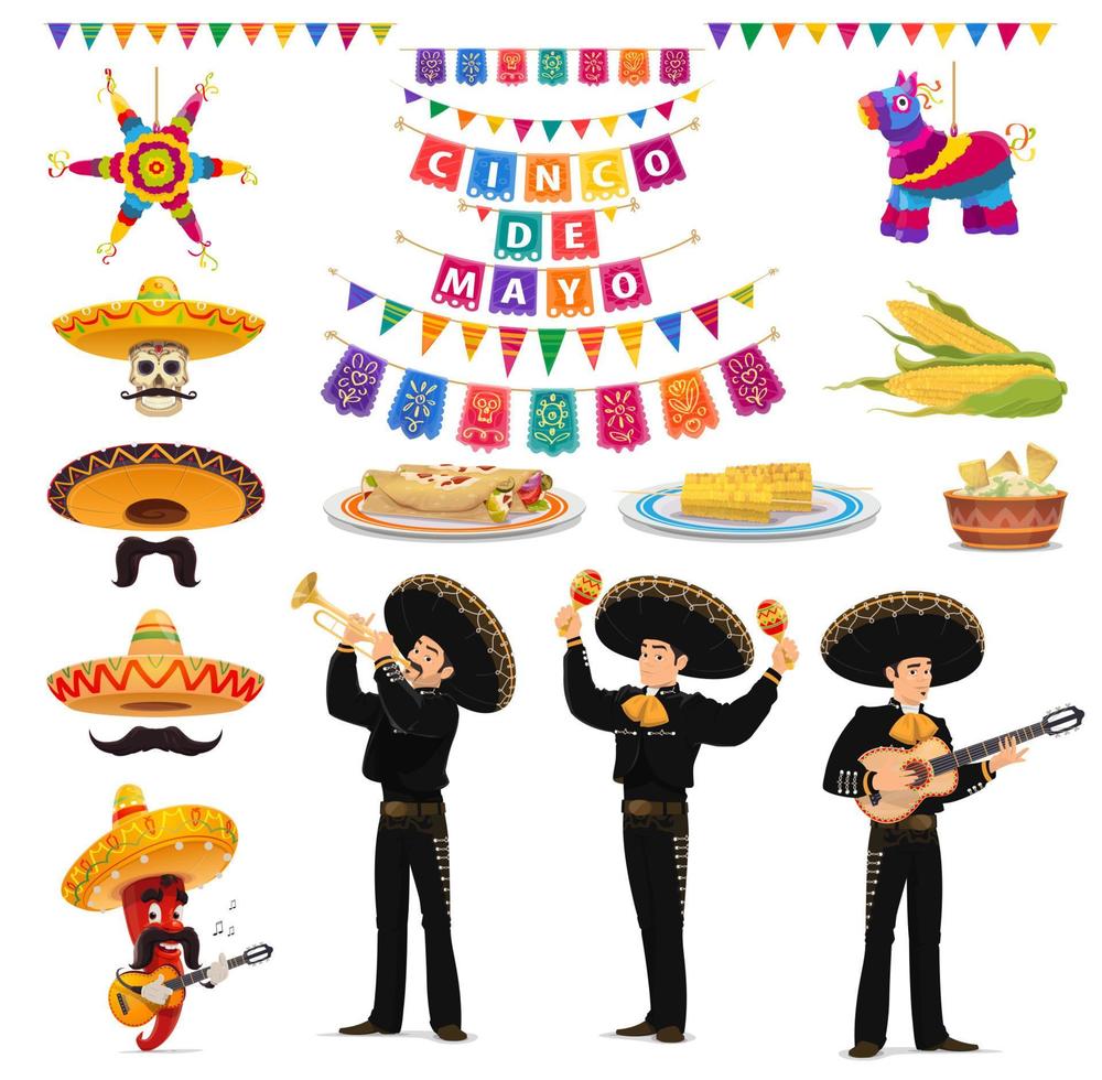 comida cinco de mayo, músico, sombrero e pinata vetor