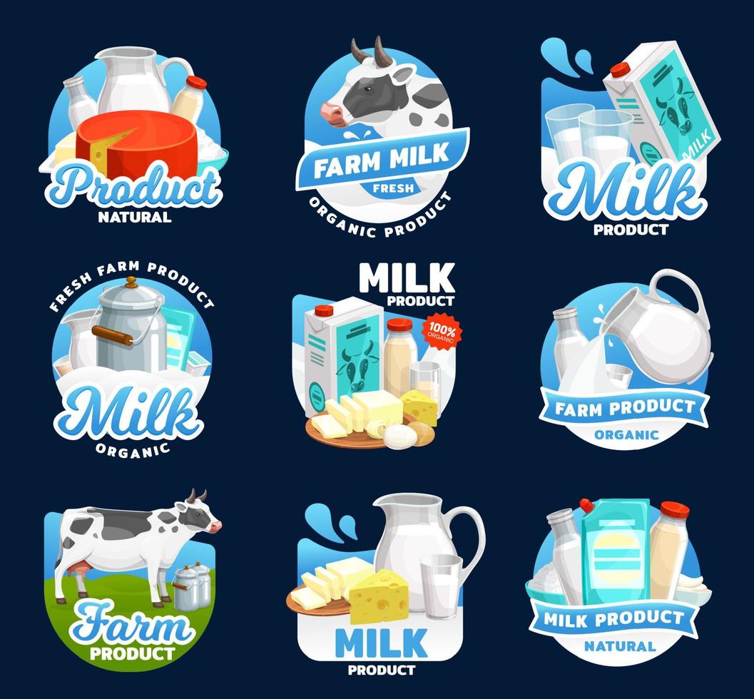 ícones de alimentos lácteos, leite, creme, queijo e manteiga vetor