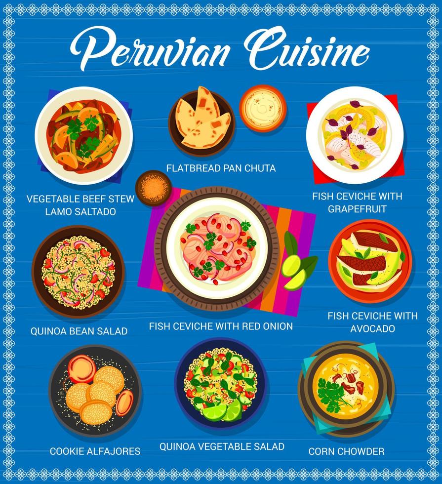 menu de cozinha peruana, ceviche de peixe, carne, legumes vetor