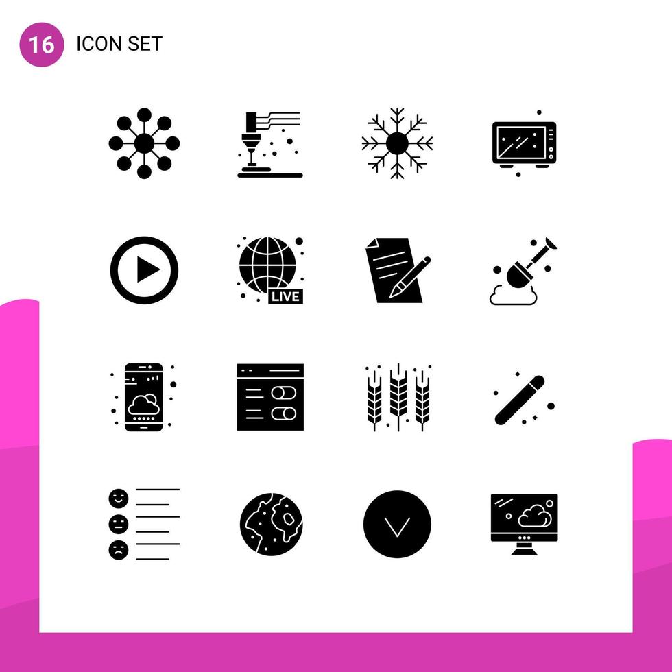 conjunto moderno de pictograma de 16 glifos sólidos de comida em flocos de cozinha de vídeo assando elementos de design vetorial editáveis vetor