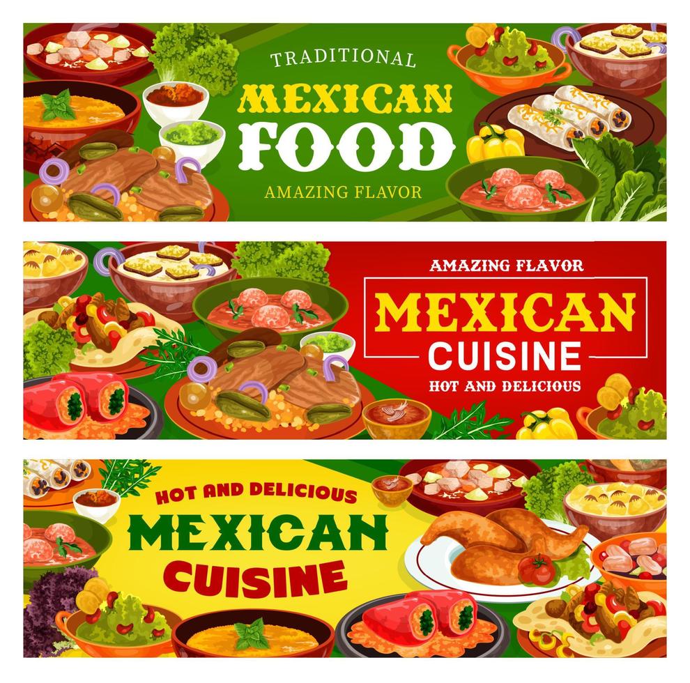 banners de restaurante mexicano de carne, refeição vegetal vetor