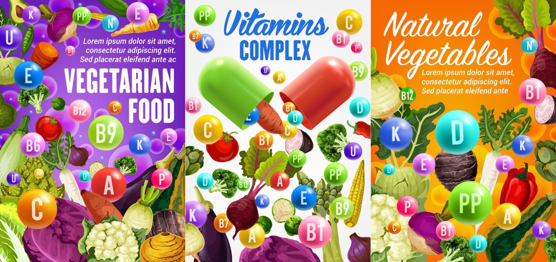 complexo de vitaminas vegetais, comida vegetariana vetor