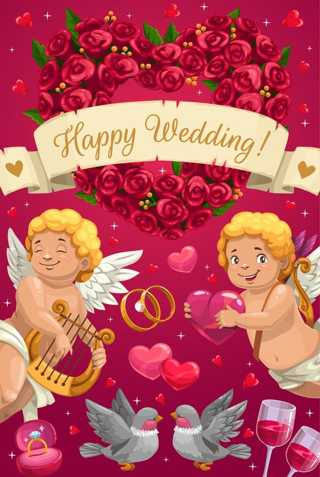 festa de casamento feliz alianças de casamento e anjos cupidos vetor