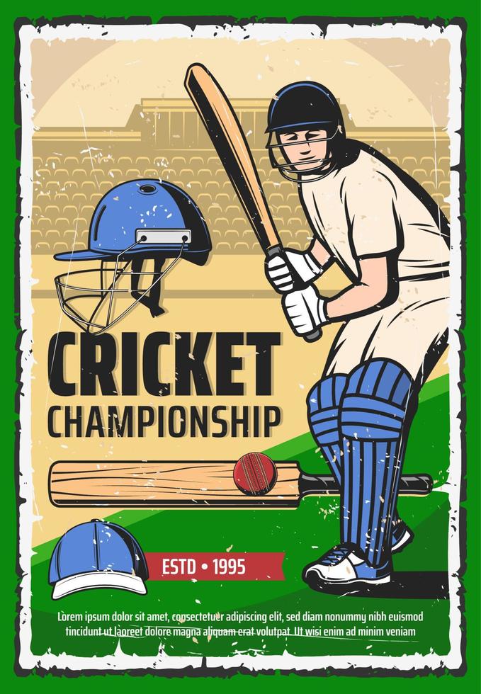 cartaz de esporte de jogo de críquete, jogador com bastão vetor