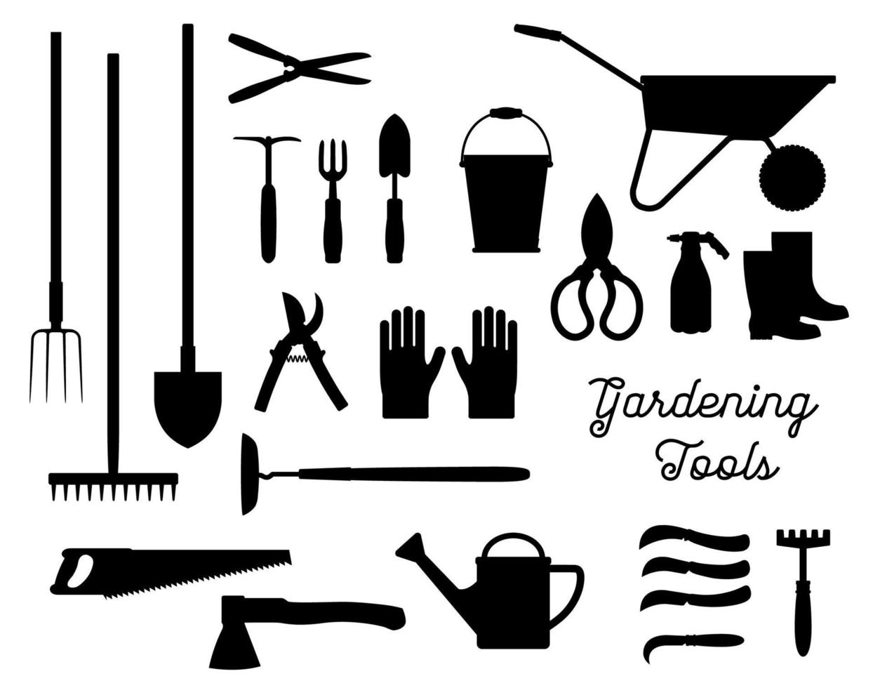 conjunto de vetores de silhuetas negras de ferramentas de jardinagem