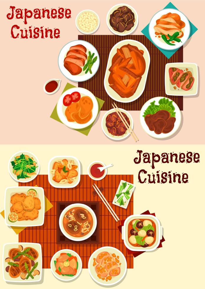 pratos de carne japoneses com molhos asiáticos e vegetais vetor
