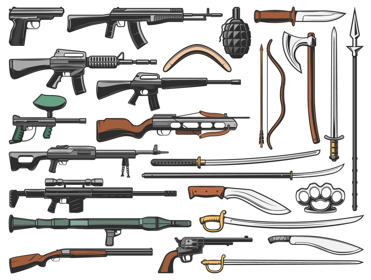 arma, munição militar e ícones de espingardas vetor