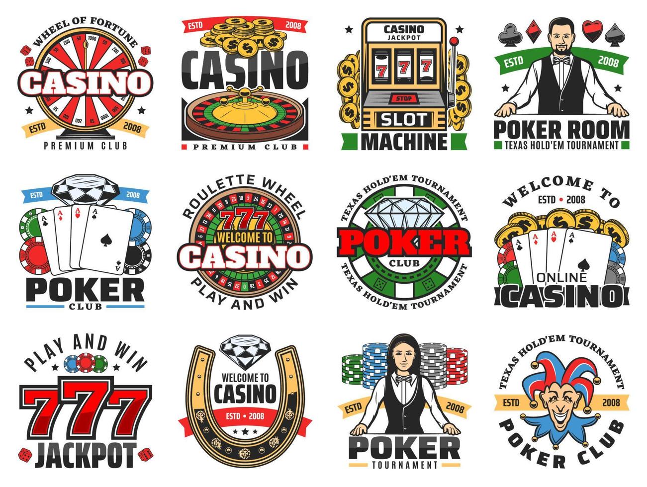 ícones de cassino de roleta, cartas de pôquer, fichas, dados vetor